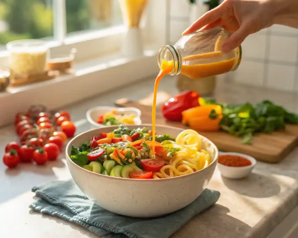Easy Summer Italian Pasta Salad – Quick, Fresh & Crowd-Pleasing Side 4 Pouring Italian dressing into a bowl of pasta salad