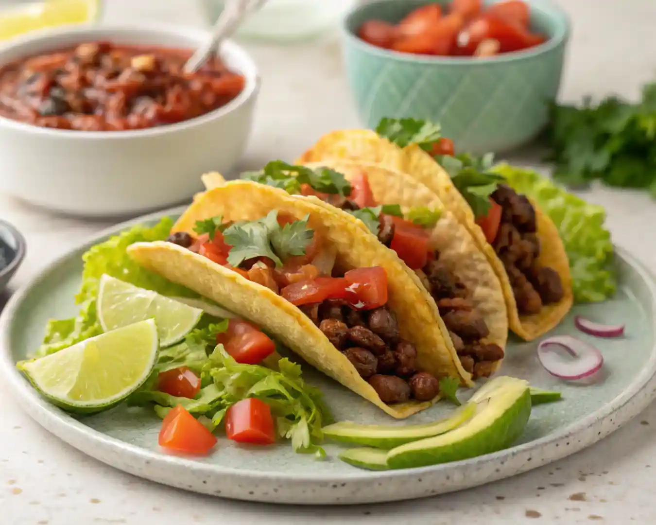 Fresh tacos with toppings on plate