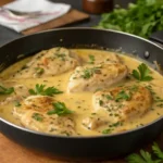 Creamy garlic chicken in skillet.”