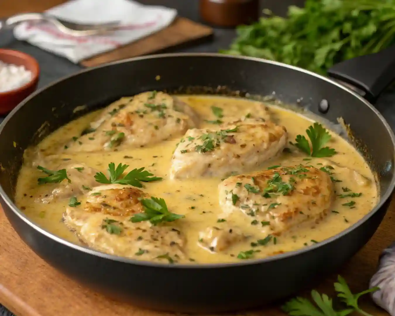 Creamy garlic chicken in skillet.”