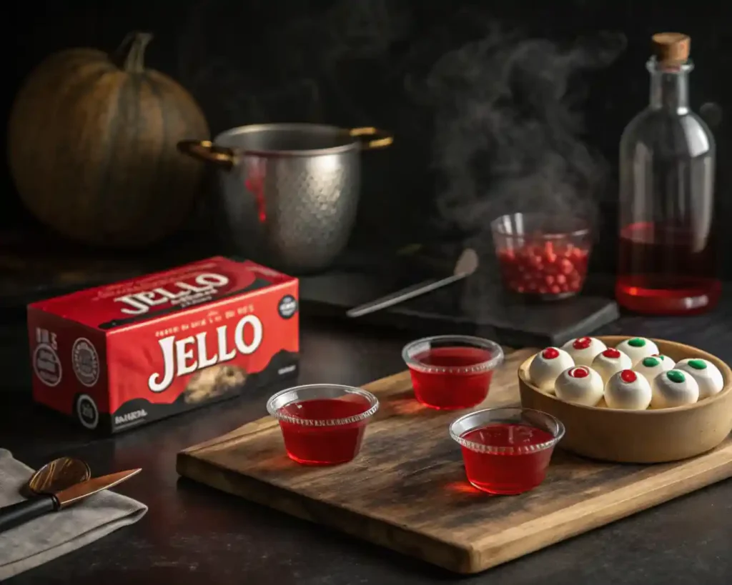 Easy Eyeball Jello Shots for Halloween 3 Red Jell‑O, gummy eyeballs, and Halloween shot cups on a kitchen counter