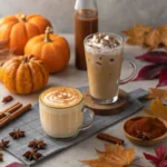 Assorted fall drinks with pumpkin, cinnamon, latte
