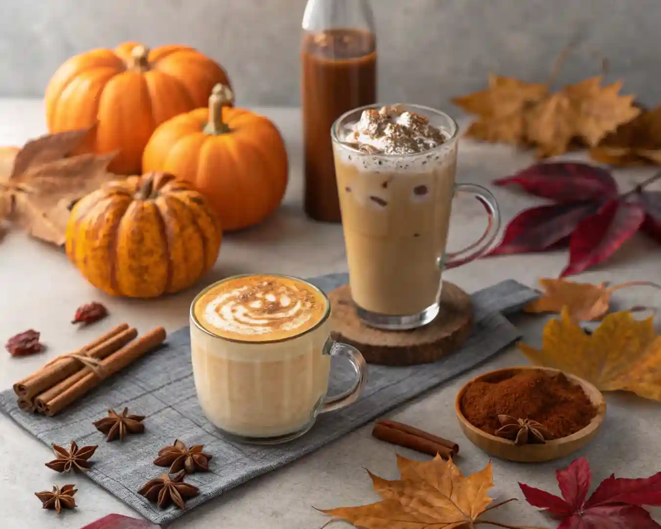 Assorted fall drinks with pumpkin, cinnamon, latte