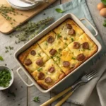 Easy sausage and egg casserole baked with hash browns and cheese