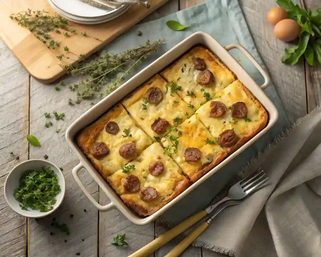 Easy sausage and egg casserole baked with hash browns and cheese