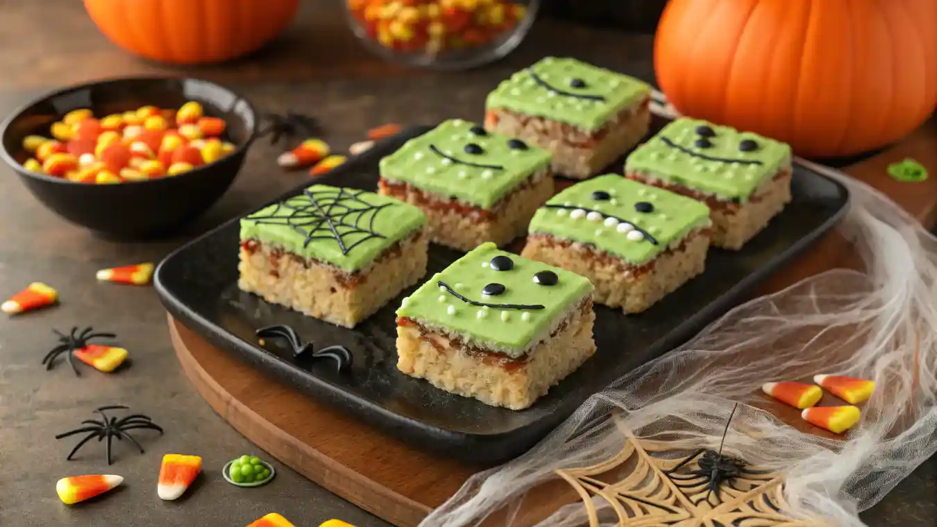 Frankenstein Rice Krispie Treats: Spooky Halloween Fun 2 Overhead view of ingredients and finished Frankenstein Rice Krispie Treats