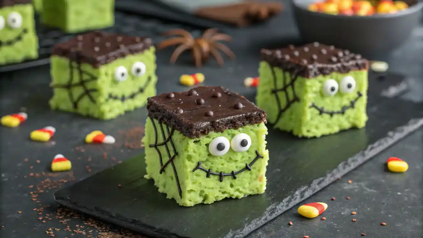 Close-up of Frankenstein Rice Krispie Treats with chocolate and candy eyes