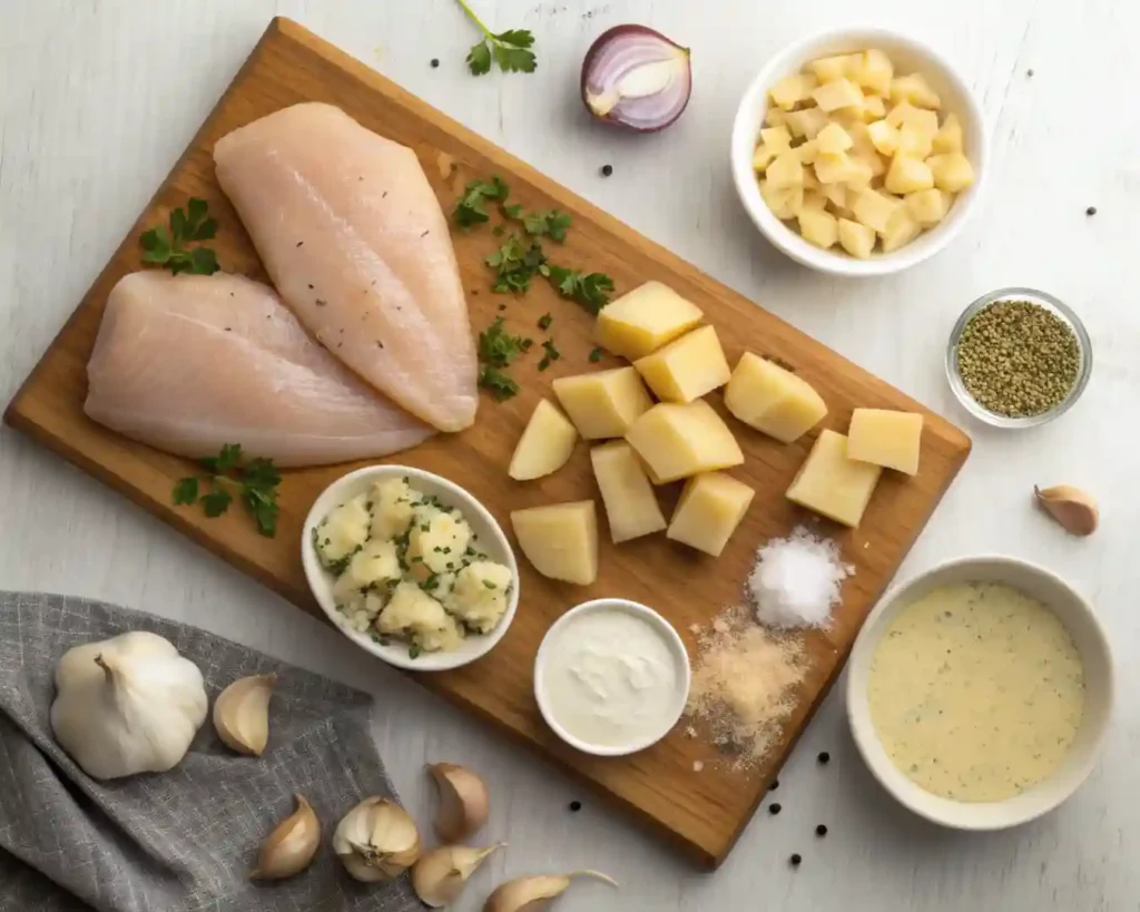 Lazy Dinner Garlic Parmesan Chicken – Easy Crockpot Recipe 3 Crockpot garlic Parmesan chicken ingredients displayed on a kitchen counter.