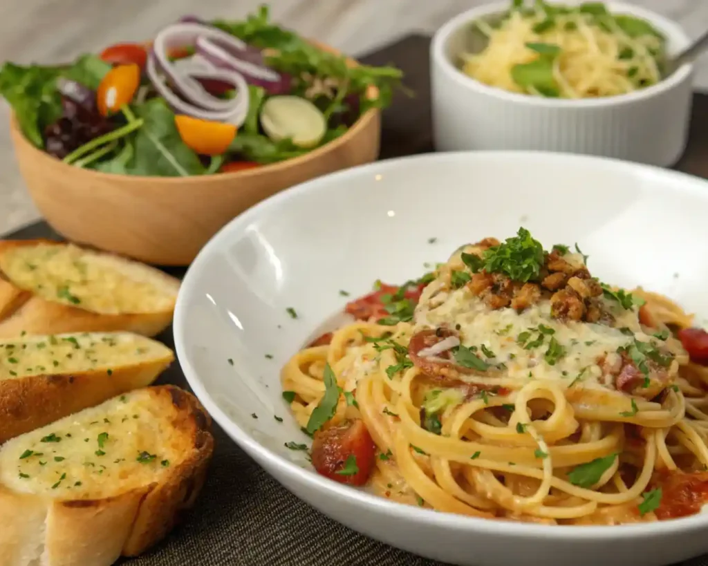 Creamy Garlic Parmesan Chicken Pasta in 30 Minutes – Easy Family Dinner 5 Garlic Parmesan Chicken Pasta served with garlic bread and salad