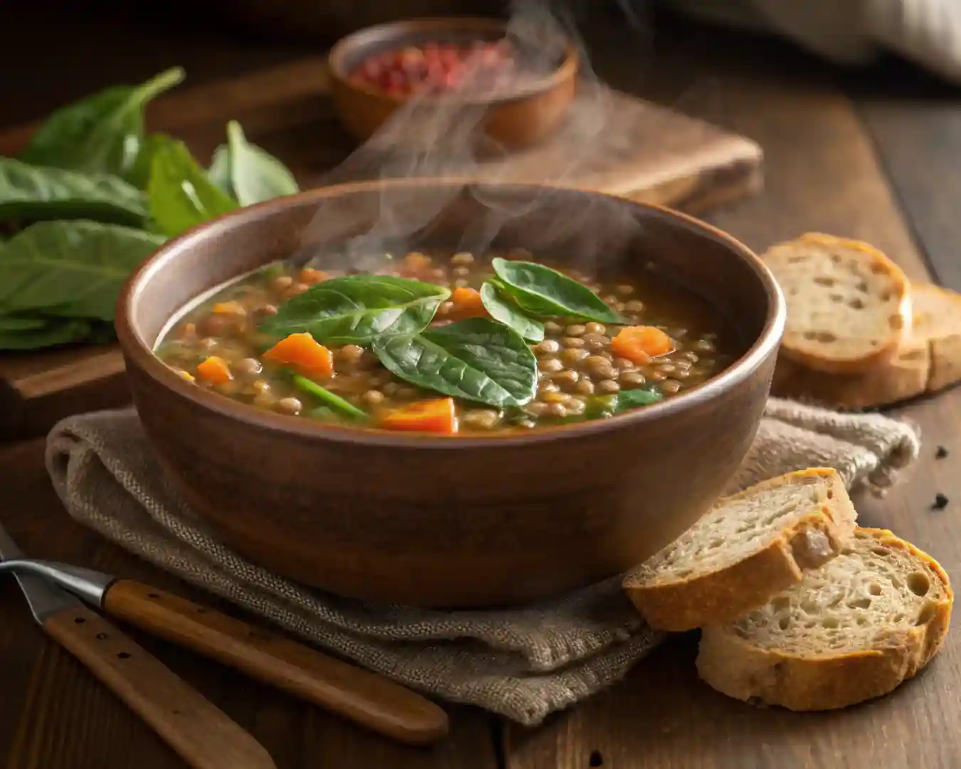 Healthy Crockpot Lentil Soup in a bowl with fresh spinach and bread.