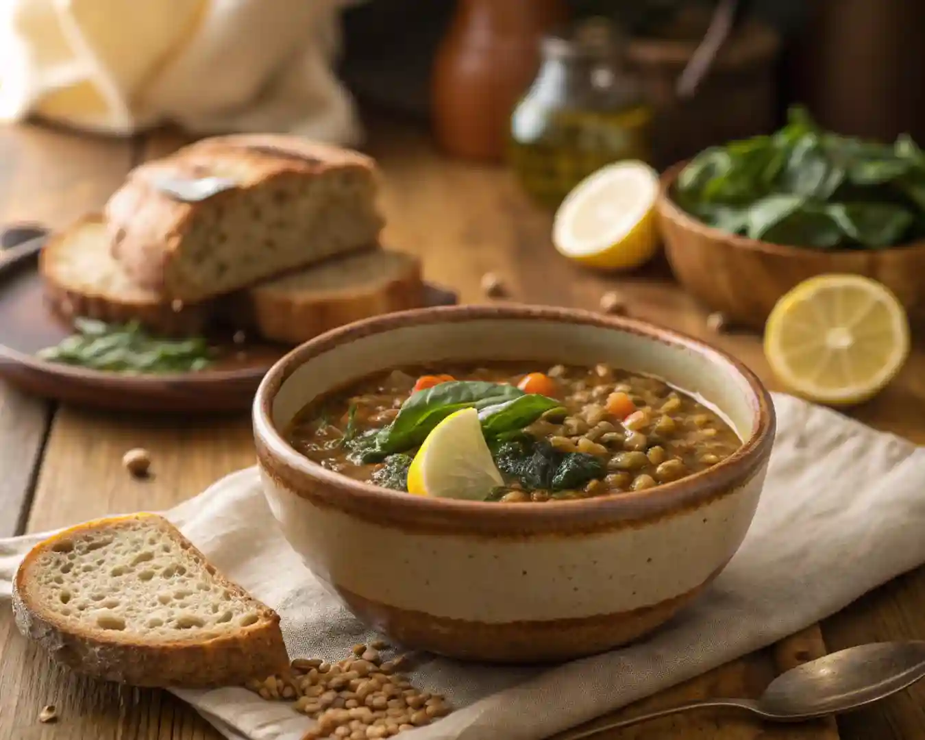 Recipe card style layout of Healthy Crockpot Lentil Soup with text overlay.