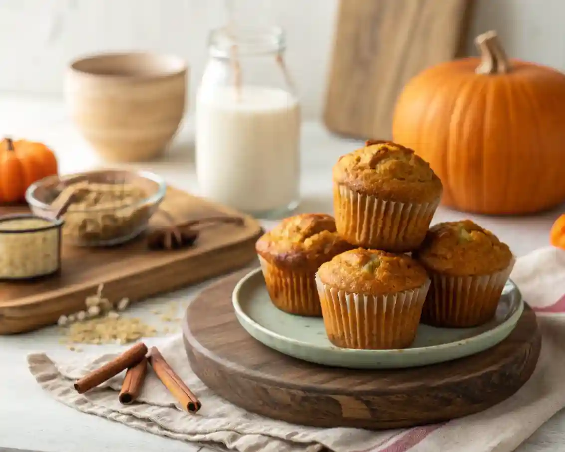 Healthy Greek Yogurt Pumpkin Muffins 2 Healthy Greek Yogurt Pumpkin Muffins stacked on a rustic plate