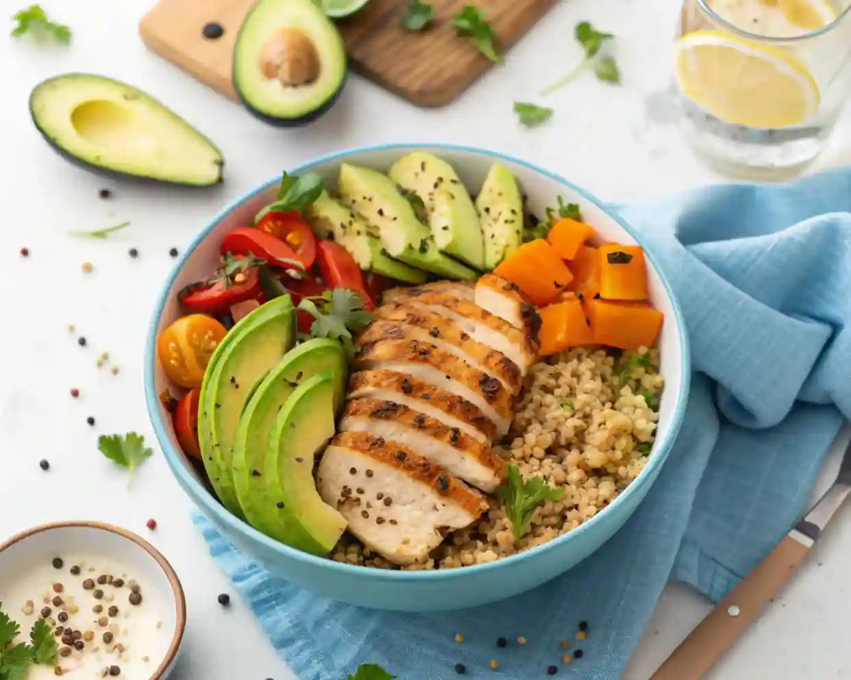 Healthy proteins quinoa bowl with chicken, avocado, and veggies