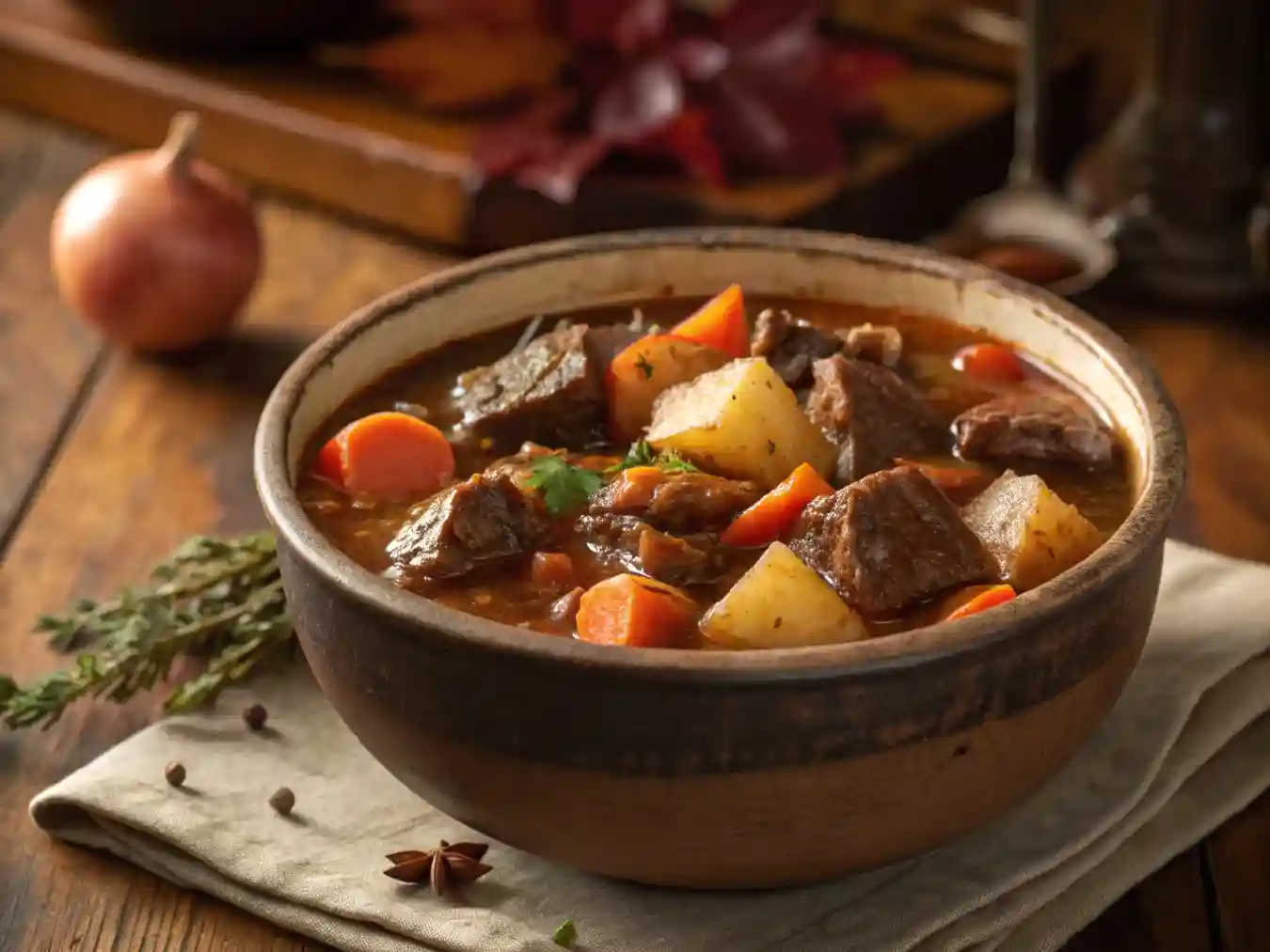 Hearty Crockpot Beef Stew with root vegetables in a rustic bowl on wooden table.