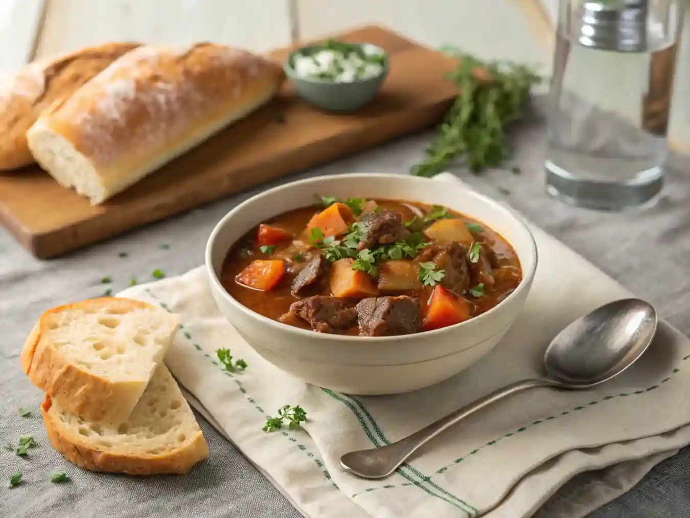Clean top-down image of a beef stew bowl portioned for recipe card display.