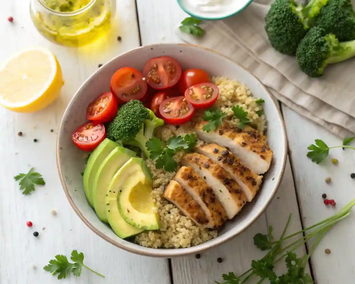 High-Protein Chicken Quinoa Bowl with grilled chicken, quinoa, broccoli, avocado, and tomatoes