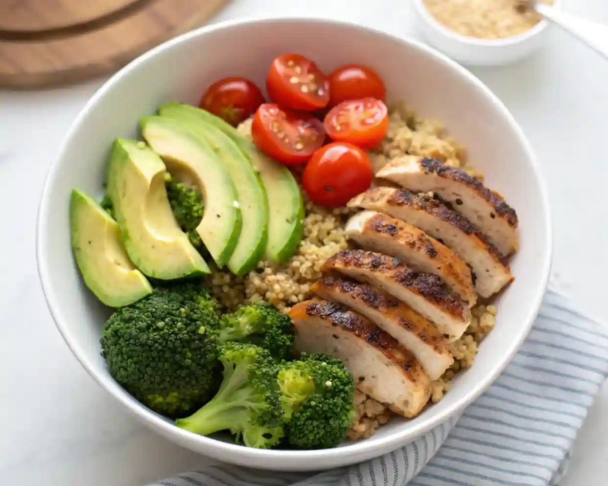 High-Protein Chicken Quinoa Bowl: Easy Meal Prep for Energy & Recovery 2 Close-up of High-Protein Chicken Quinoa Bowl with grilled chicken and fresh vegetables