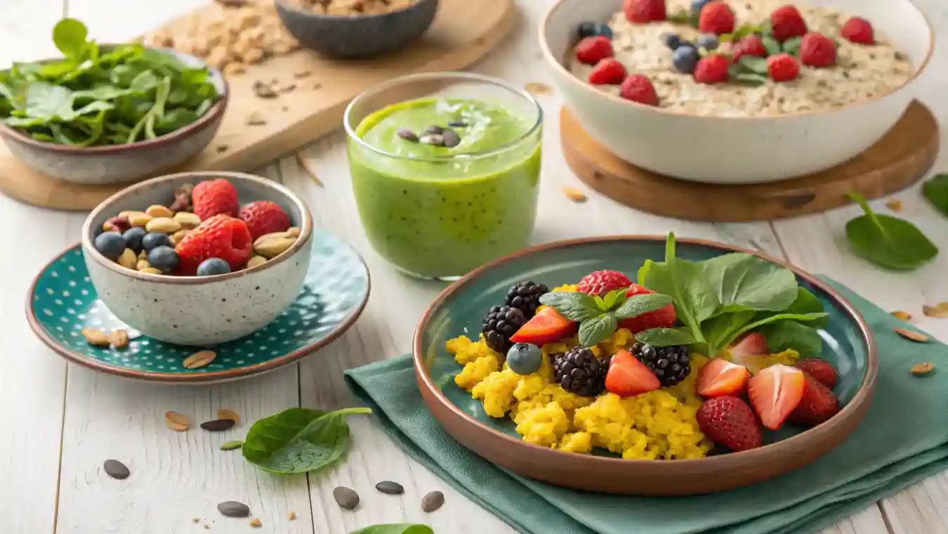 Close-up of a high-protein vegan breakfast like tofu scramble or overnight oats