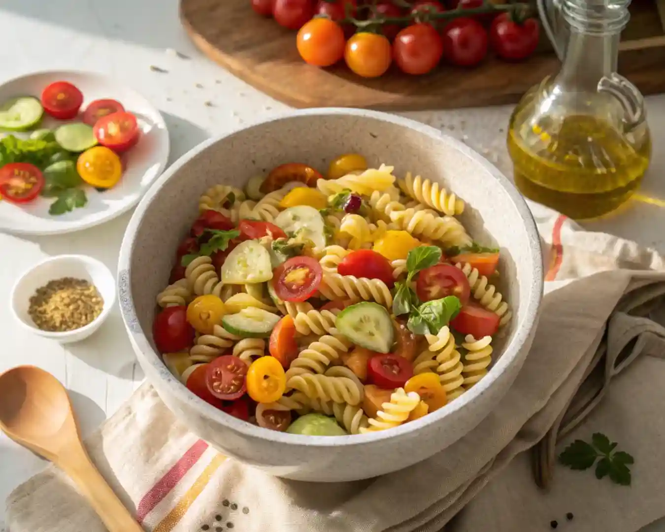 Homemade Pasta Salad with Zesty Dressing in a large white bowl