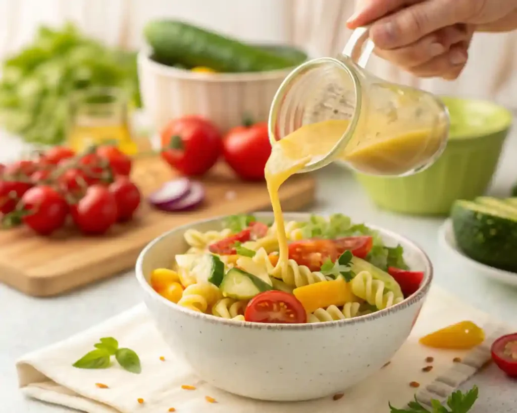 Pouring zesty dressing onto homemade pasta salad