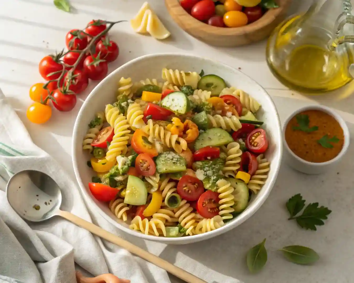 Zesty Homemade Pasta Salad styled for recipe card