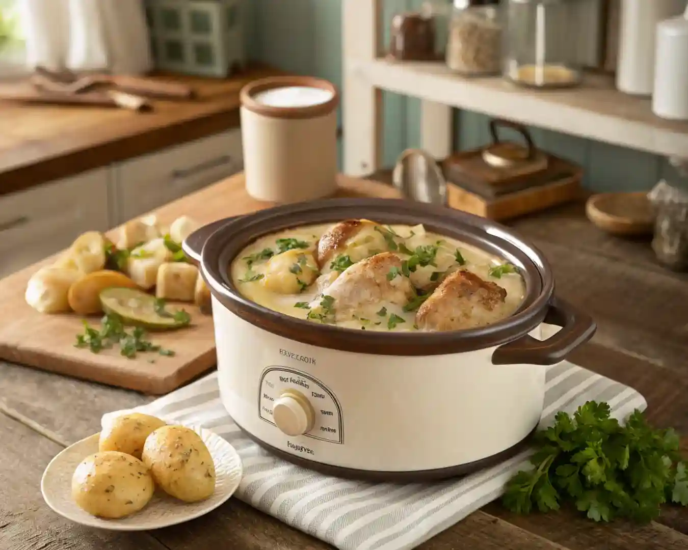 Lazy dinner garlic Parmesan chicken with potatoes in creamy sauce.
