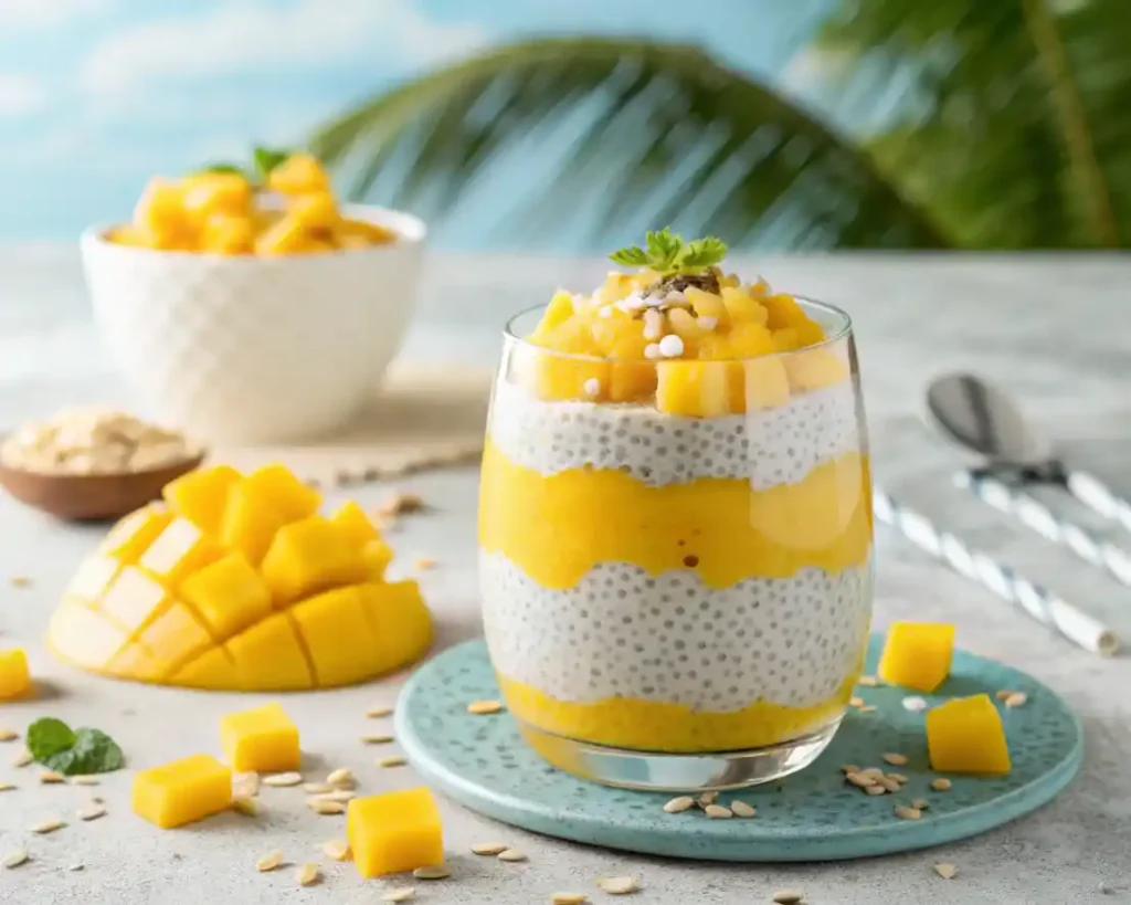 Chia Pudding Recipe: How to Make It Perfect Every Time 5 mango chia pudding recipe layered with fresh mango puree and coconut flakes