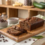 Moist chocolate zucchini bread loaf sliced on a wooden board with melted chocolate chips.