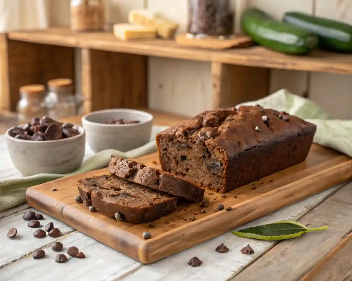 Moist chocolate zucchini bread loaf sliced on a wooden board with melted chocolate chips.
