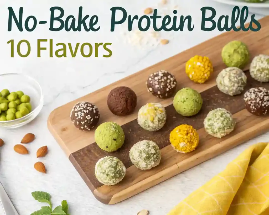 The Best No Bake Protein Balls Recipe – 10 Flavor Options 3 Colorful assortment of no-bake protein balls on a wooden board
