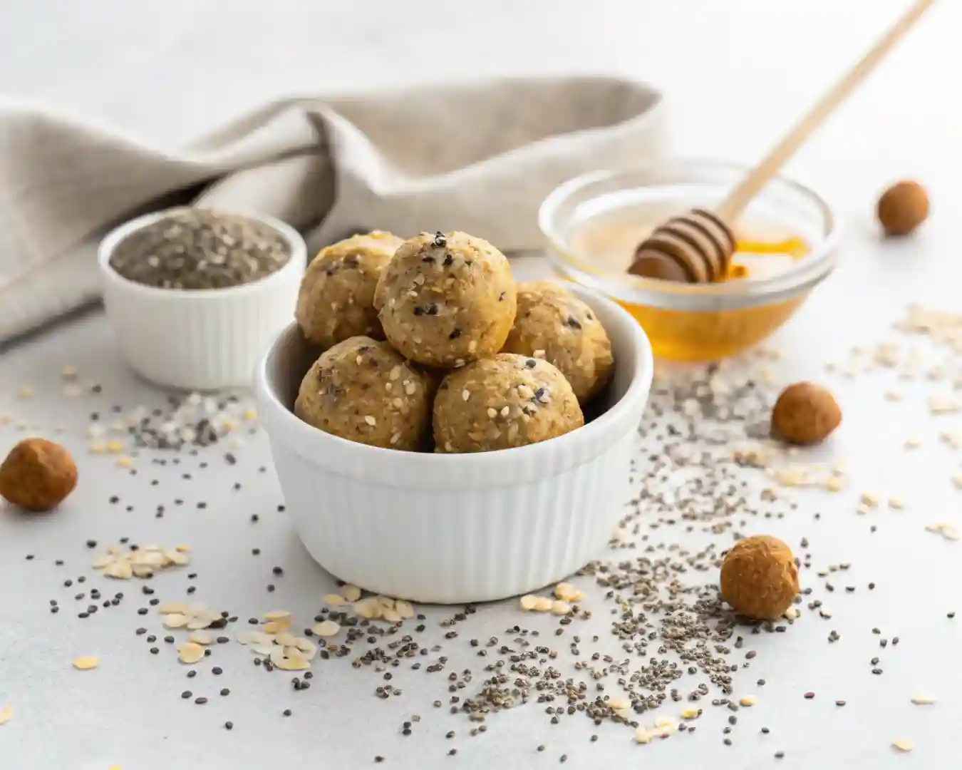 The Best No Bake Protein Balls Recipe – 10 Flavor Options 2 Bowl of no bake protein balls with oats, chia seeds, and honey drizzle.
