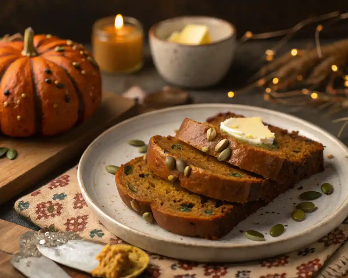 Easy Pumpkin Bread Baking Recipe 2 Sliced pumpkin bread on a plate with butter, perfect for fall breakfast or snack