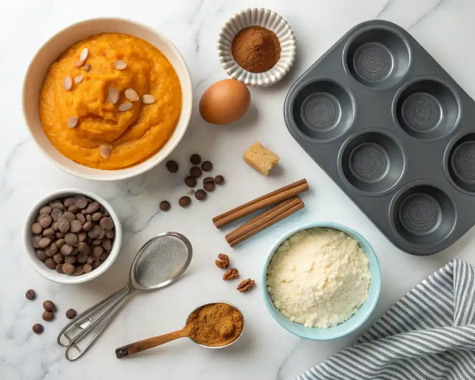 Pumpkin Chocolate Chip Muffins – 7 Irresistible Comfort Bites 3 Pumpkin muffin ingredients laid out on marble.