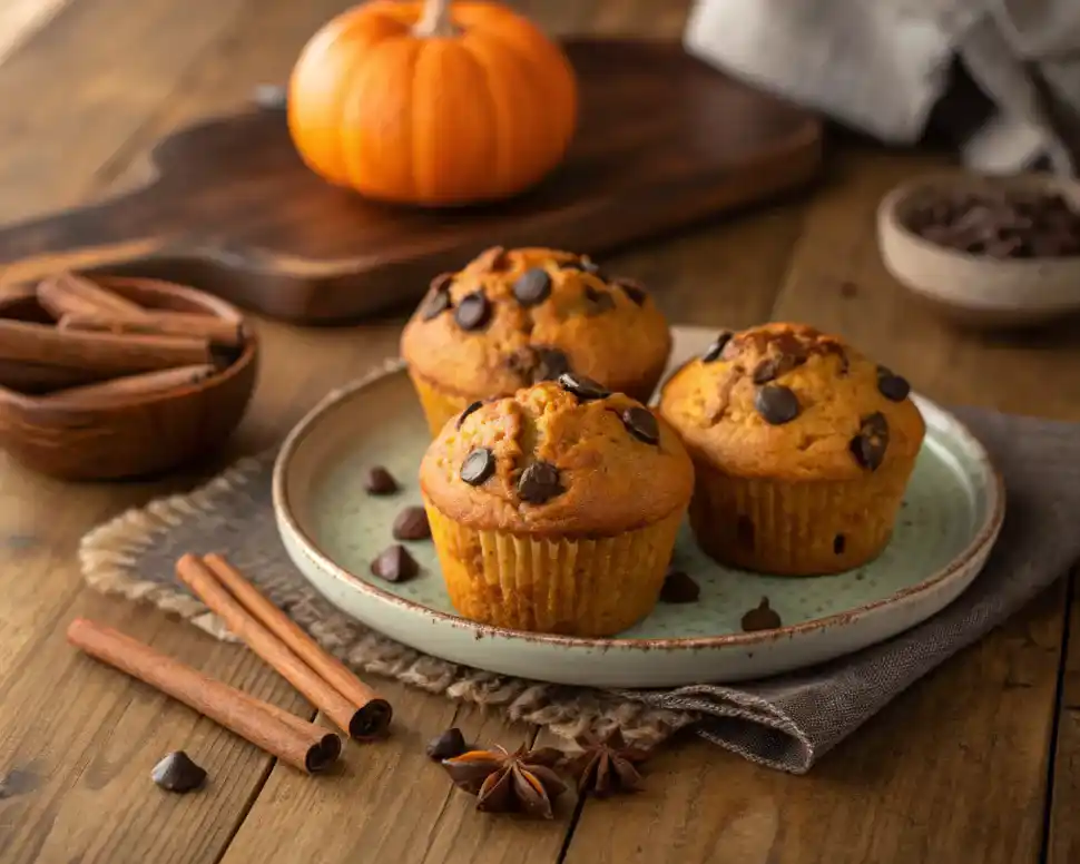 Pumpkin Chocolate Chip Muffins – 7 Irresistible Comfort Bites 2 Pumpkin muffin recipe card with finished muffins.
