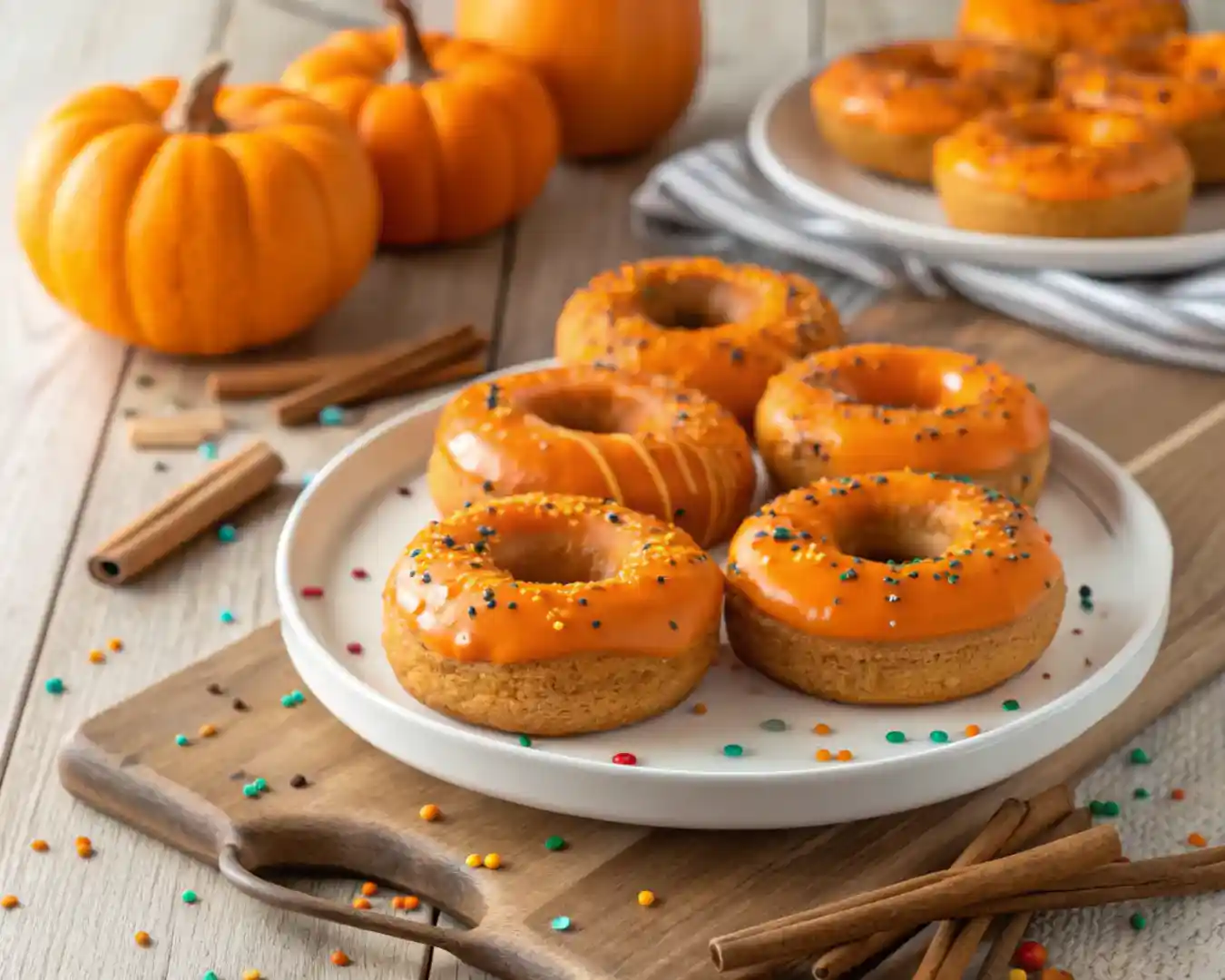 Baked pumpkin spice donuts topped with orange glaze and Halloween sprinkles on a white plate