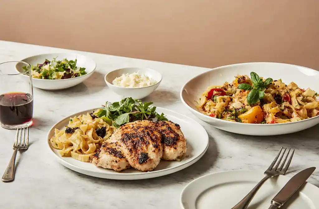 Easy Dinner Recipes: Recipes That Make Busy Nights Delicious 2 Close-up plate of quick and easy dinner recipes with creamy pasta, garlic bread, and fresh herbs.