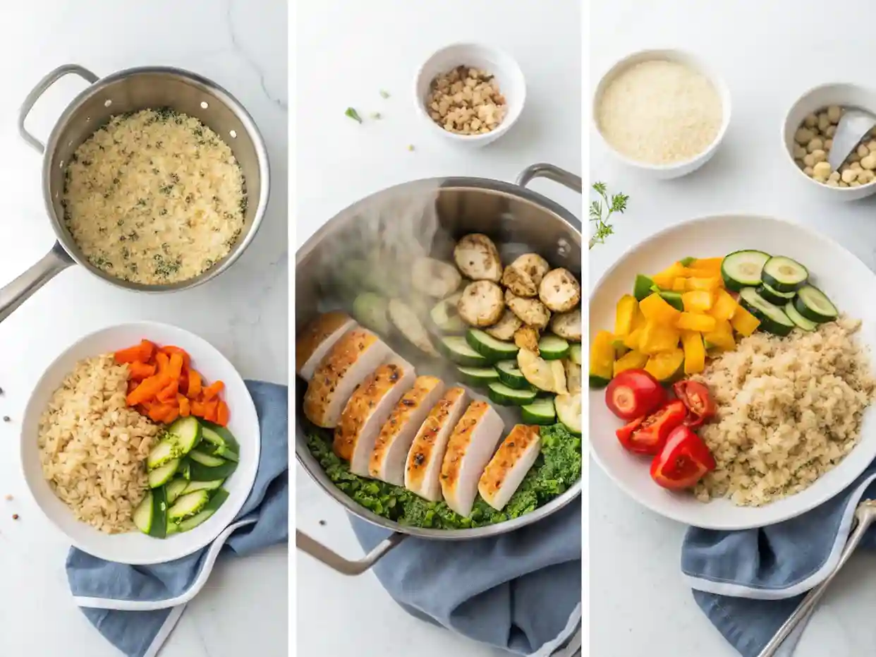 Healthy Proteins for Everyday Meals 2 Quinoa simmering in a stainless steel pot with steam rising