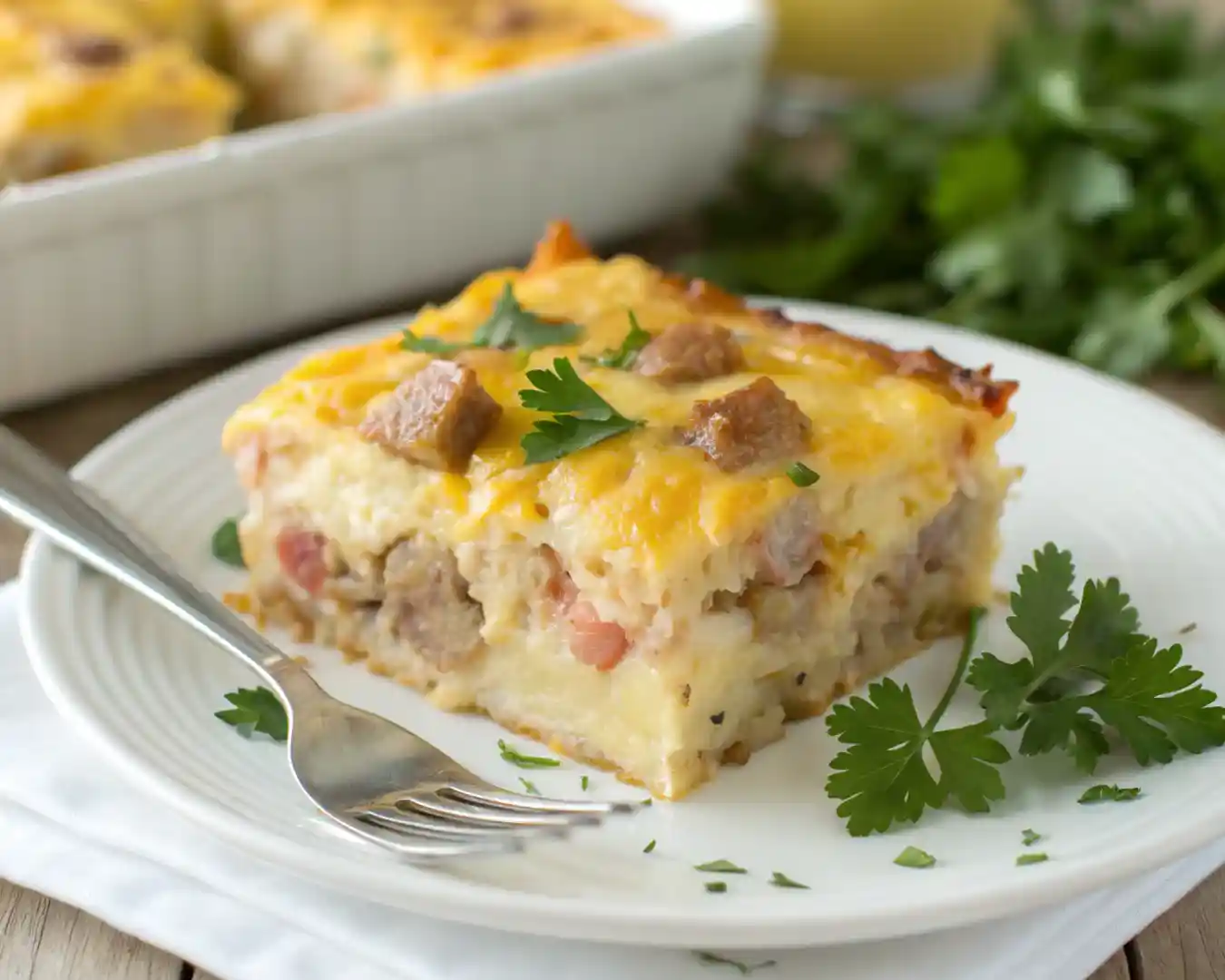 Easy Sausage and Egg Casserole 2 Slice of sausage and egg casserole served on a plate