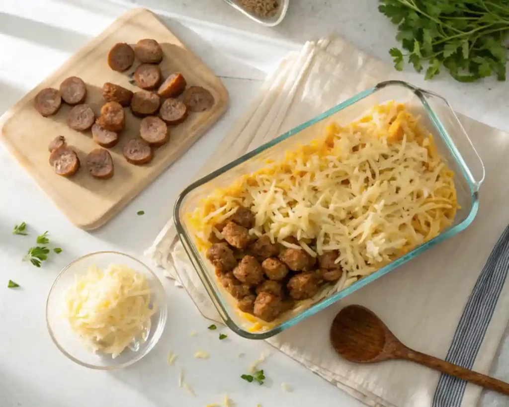 Easy Sausage and Egg Casserole 3 Preparing sausage and egg casserole with hash browns