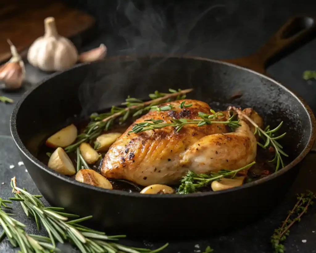 Creamy Garlic Parmesan Chicken Pasta in 30 Minutes – Easy Family Dinner 3 Chicken searing in skillet with garlic and herbs