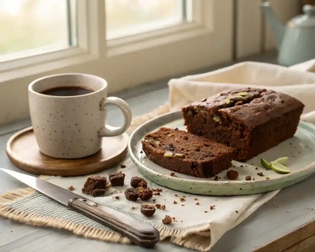 Best Moist Chocolate Zucchini Bread Recipe 5 Sliced chocolate zucchini bread served with coffee