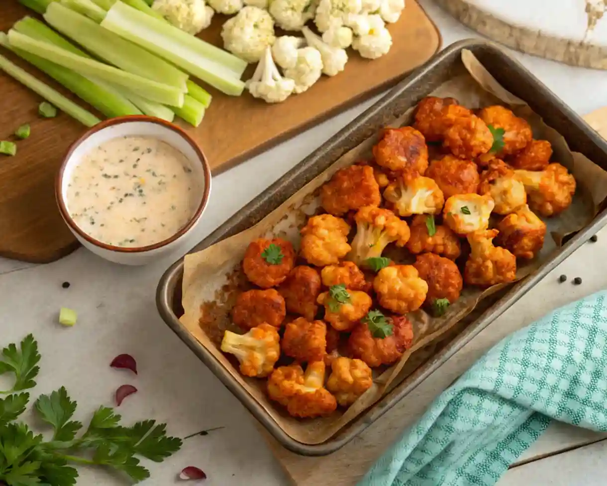 Featured image of Sheet Pan Buffalo Chicken & Cauliflower dinner.