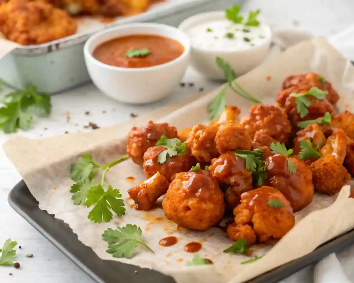Sheet Pan Buffalo Chicken & Cauliflower 2 Recipe card image of Sheet Pan Buffalo Chicken & Cauliflower with ranch.