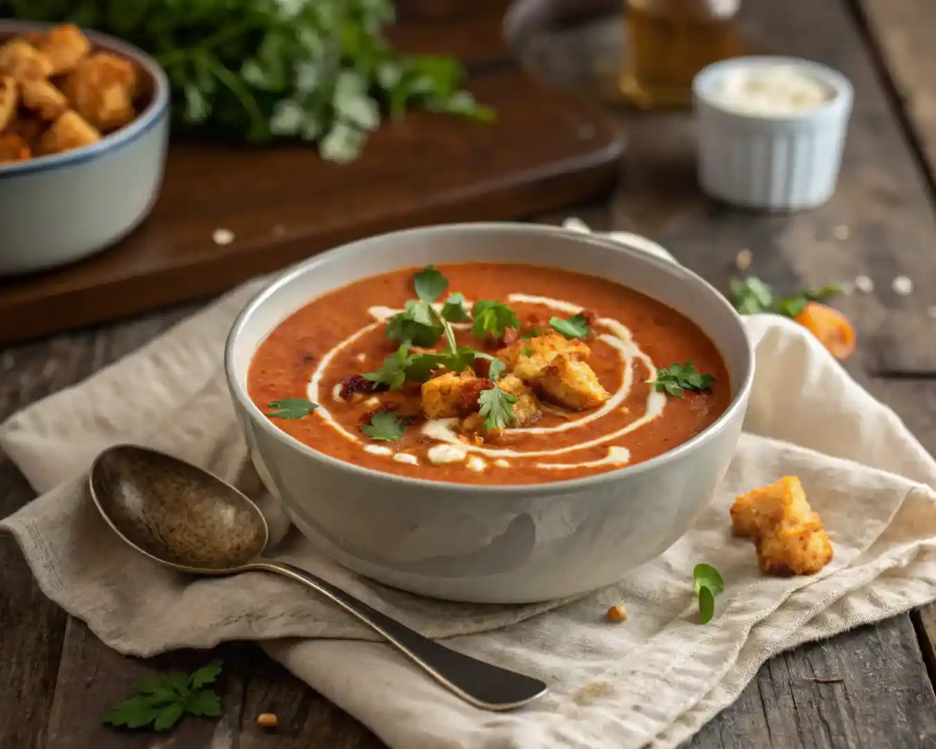 Bowl of spicy buffalo cauliflower tomato soup with herbs and hot sauce drizzle