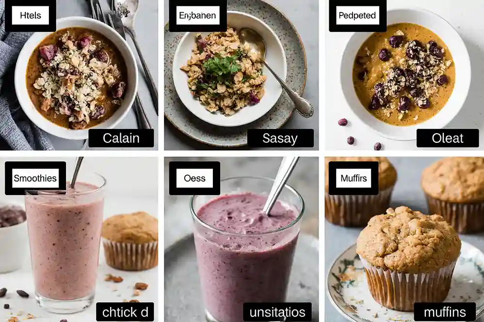 Grid of high-protein vegan breakfasts categorized by type