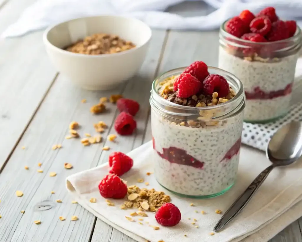 Chia Pudding Recipe: How to Make It Perfect Every Time 3 easy chia pudding recipe with vanilla, raspberries, and granola in a clear glass jar