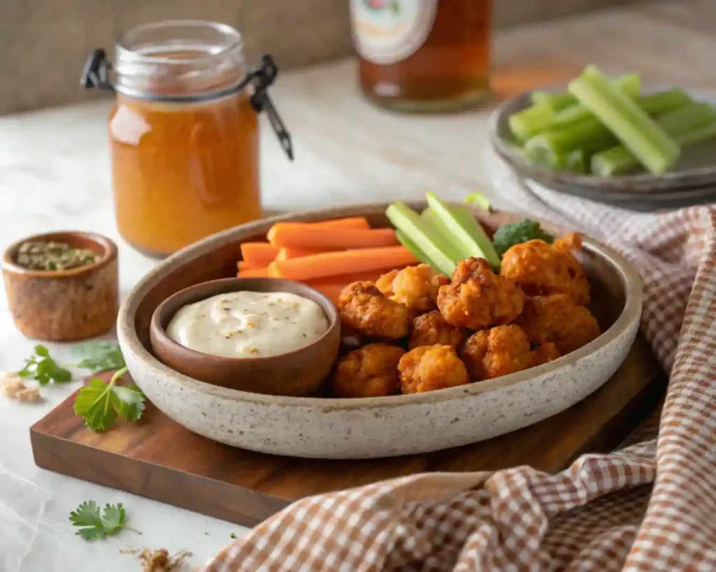 Crispy Air Fryer Buffalo Cauliflower Bites 4 Vegan buffalo cauliflower bites with dip and fall dinner setup
