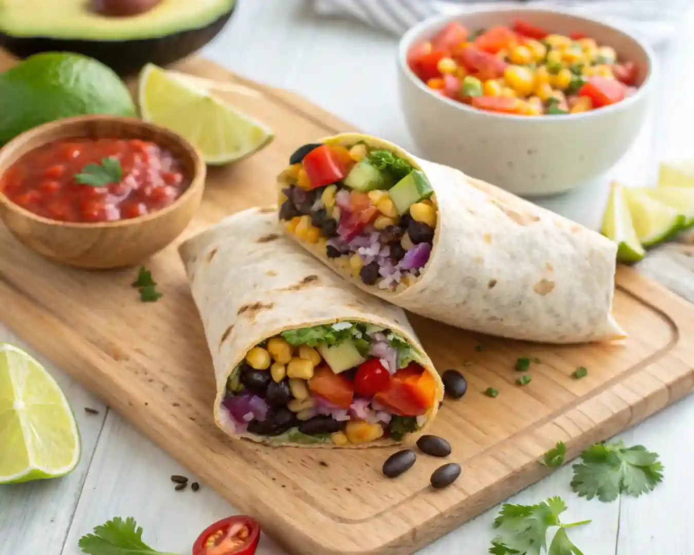 Vegan burrito wraps sliced open showing beans, rice, corn, and avocado filling