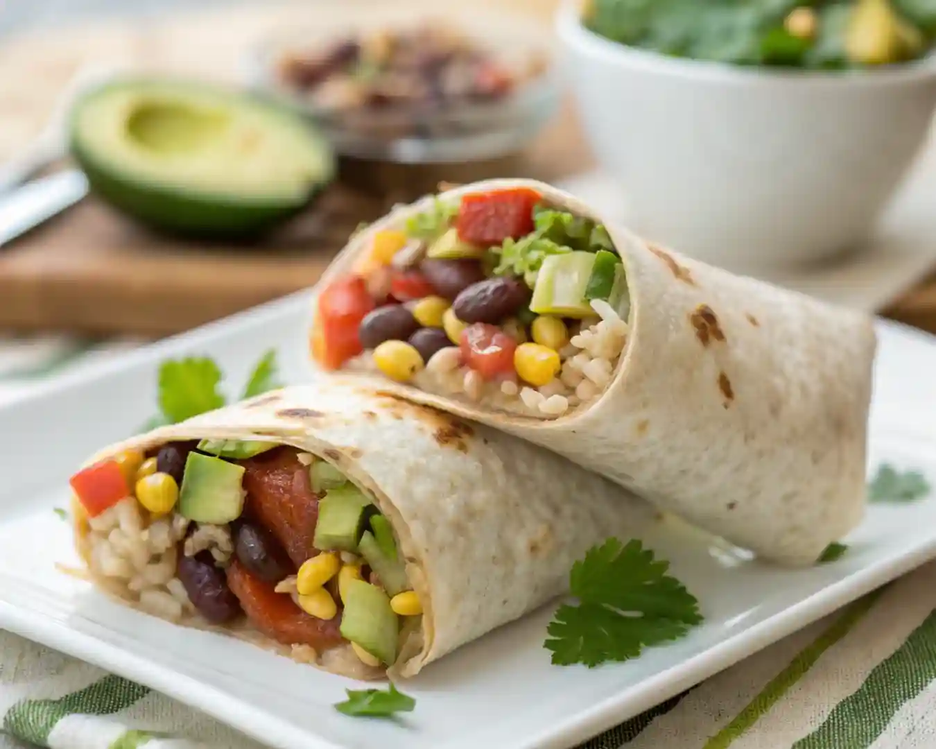 Vegan burrito wrap with rice, beans, and veggies on white plate
