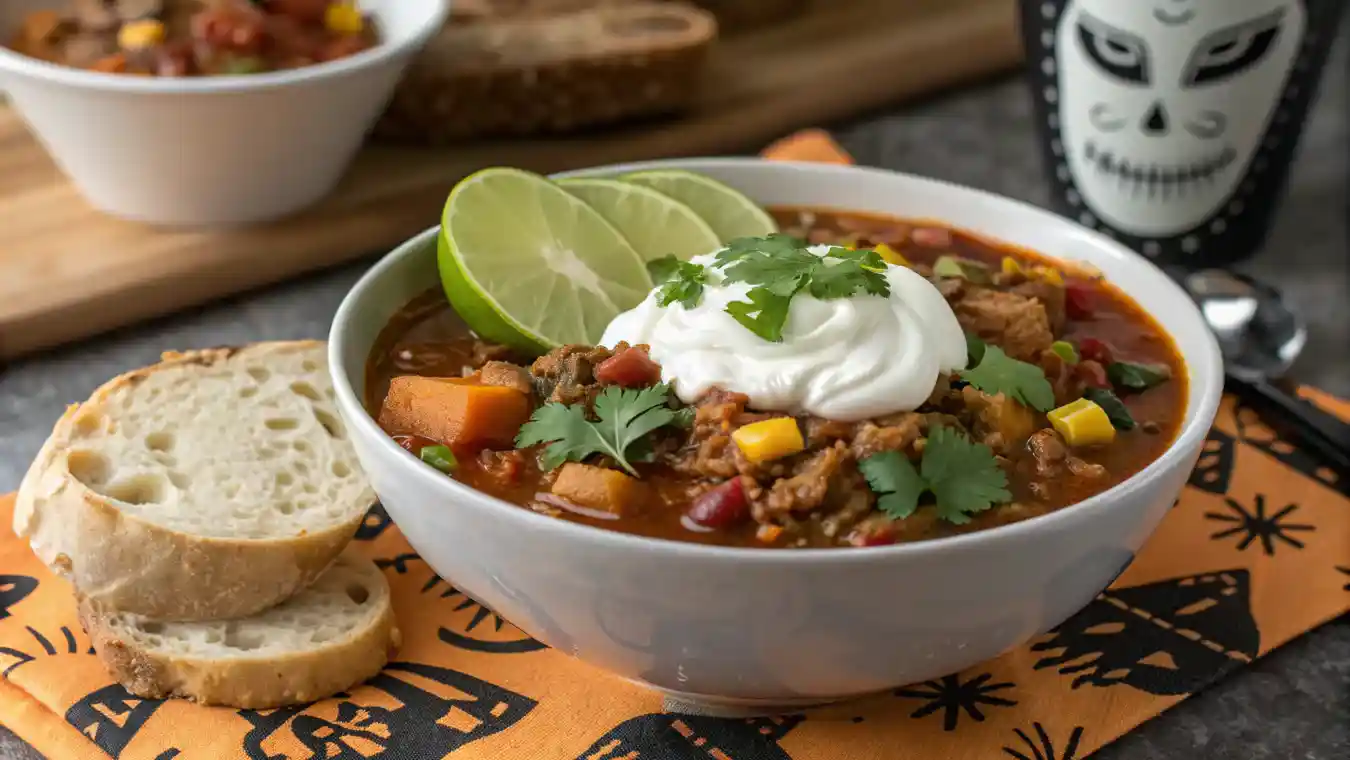 Witch’s Cauldron Stew with Black Beans | Spooky Halloween Dinner 2 Witch’s Cauldron Stew with Black Beans garnished with sour cream and cilantro.
